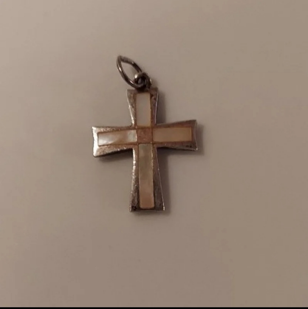 925 Silver Mother of Pearl Face Cross - Pendant or Charm 3/4 x 1/2 inches Y2k